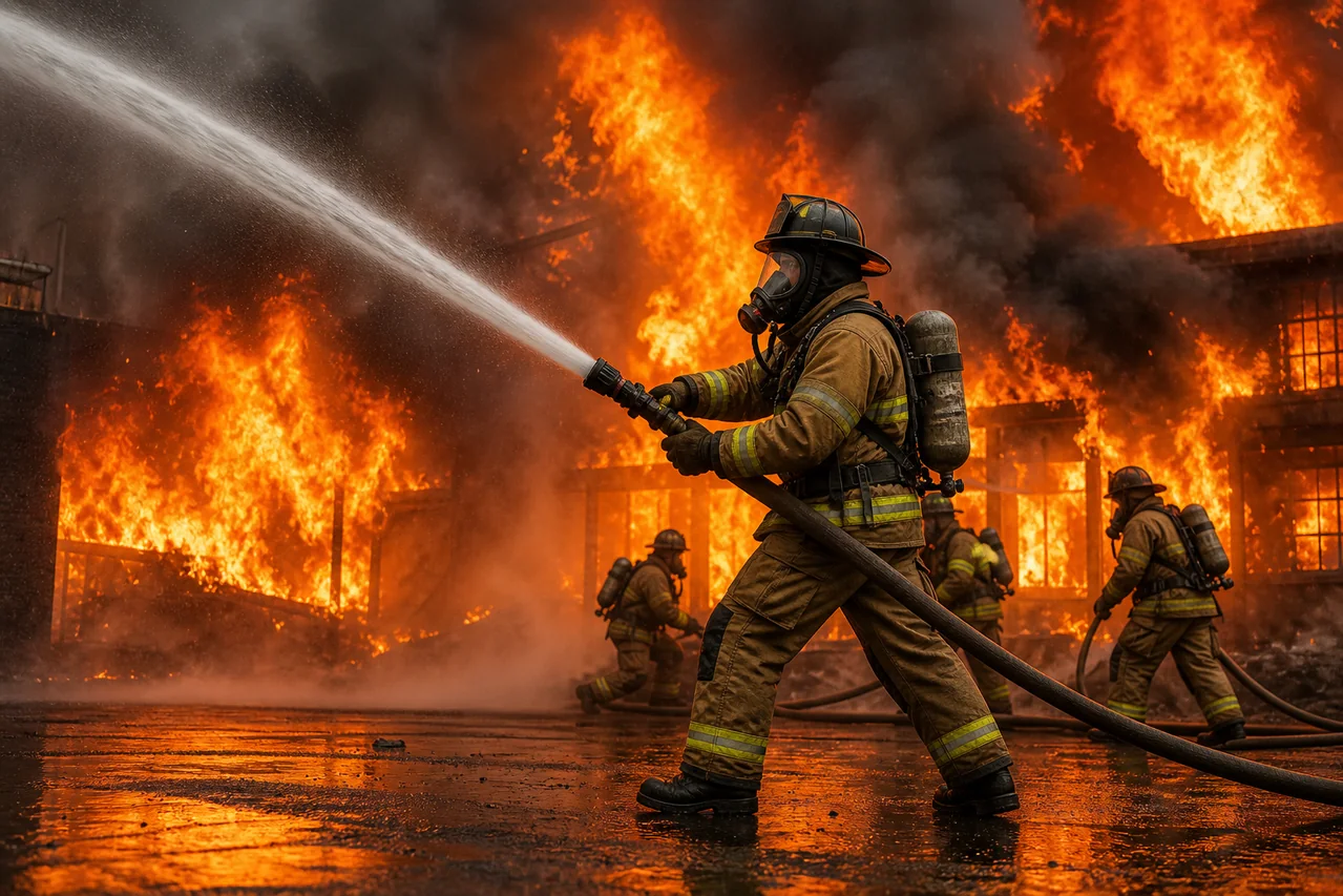 Firefighters responding to a structural fire